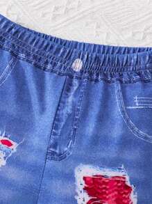 SHEIN 2pcs/Set Baby Girl Fashion Minimalist Puff Sleeve Sweatshirt With Letter Slogan Print And Denim Effect Printed Pants, Outfit For Autumn