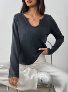 SHEIN EZwear 女士新款秋季纯色黑色V领做旧酸洗长袖宽松T恤 - 黑色 - 查看 3