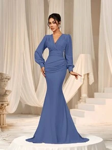 Faeriesty 女士优雅交叉V领灯笼袖鱼尾连衣裙 - 精致永恒的设计，适合春夏婚礼、晚宴、红毯伴娘礼服、夏季度假装扮 - 霧霾藍 - 查看 7