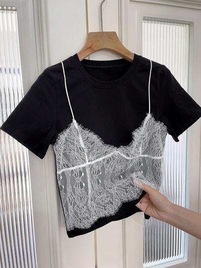 DAZY Women's Summer Contrast Lace Crew Neck Short Sleeve Casual T-Shirt