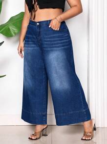 SHEIN CURVE+ Pantalones culotte vaqueros de corte holgado de talla grande, azul