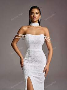 Faeriesty Vestido de novia - Escote corazón sin tirantes con adornos de cascada de cadena de cuentas, abertura hasta el muslo y elegante cola de sirena para ceremonias nupciales, bodas en la iglesia, galas formales, recepciones nocturnas, eventos de alfombra roja de lujo, novia