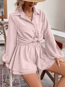 Breezaya 2 piezas Conjunto de blusa de botones con cuello casual y falda evasé para mujer