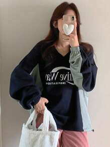 DAZY Women's V-Neck Letter Patchwork Sweatshirt,Fall Clothes