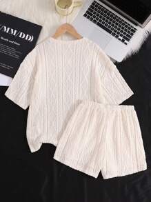 SHEIN 青少年女孩宽松休闲纹理针织面料纯色圆领短袖 T 恤和短裤 2 件套 - 白色 - 查看 2