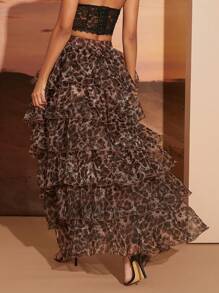Hauture Women's Leopard Print Pleated Ruffle Layered Skirt, Casual Resort Wear