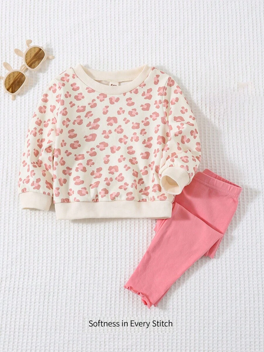 Cozy Pixies 2pcs Baby Girl Floral Print Crew Neck Long Sleeve Sweater And Pants Clothes Set