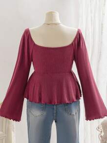 Soleia Camisa de manga abullonada con cordón de cierre frontal central, elástica y de punto, con sensación cálida acariciada, para vacaciones, talla grande, para otoño e invierno