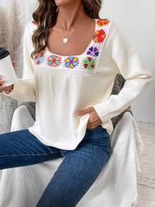SHEIN LUNE Square Neck Floral Embroidery Long Sleeve Sweater, Random Flower Color Knit Pullover Fall Winter Outfit