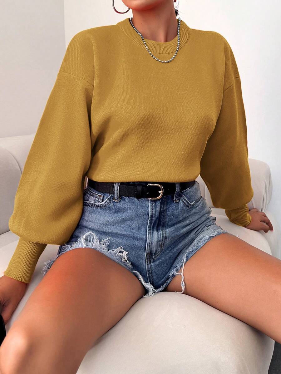SHEIN Cottnline Suéter De Mujer Con Cuello Redondo Y Hombros Caídos - Mostaza Amarilla - Ver 1