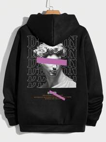 EURMUSE Men Slogan & Figure Graphic Drawstring Thermal Lined Hoodie - Black - View 1