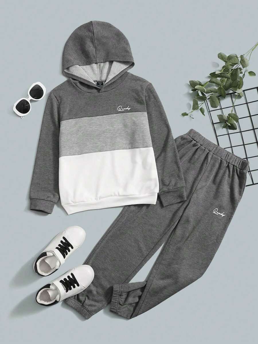 SHEIN LUNE 2pcs Plus Size Hooded Contrast Color Long Sleeve Loose Comfortable Top And Straight Leg Casual Pants Set - Multicolor - View 1