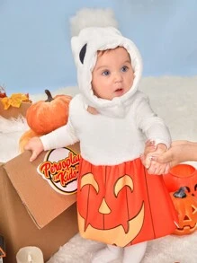 SHEIN 2pcs/Set Baby Toddler Unisex Casual Cute Ghost & Pumpkin Design Outfits Including Hat, Soft & Warm Fleece Fabric, Suitable For Fall Winter, Halloween Party - Orange - View 5