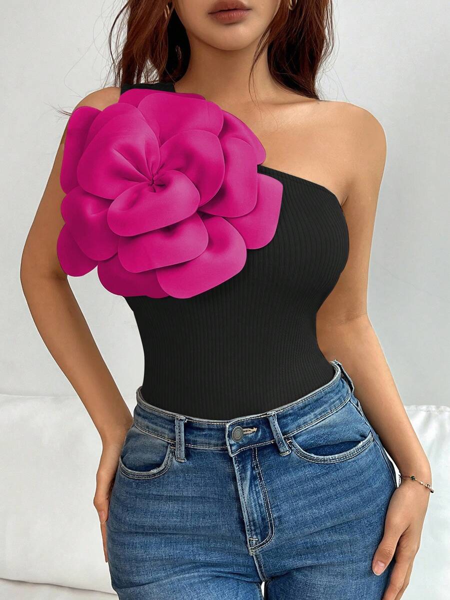 Rafferiza Women's Asymmetrical Neckline Shoulder Fitted Elegant Solid Color 3D Floral Decor One Shoulder Top - Multicolor - View 1