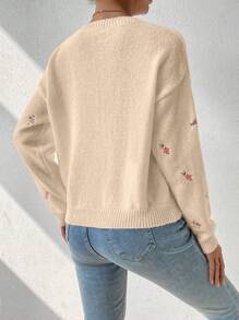 Chiquease Women's Floral Embroidered Decor Crew Neck Long Sleeve Sweater - Apricot - View 3