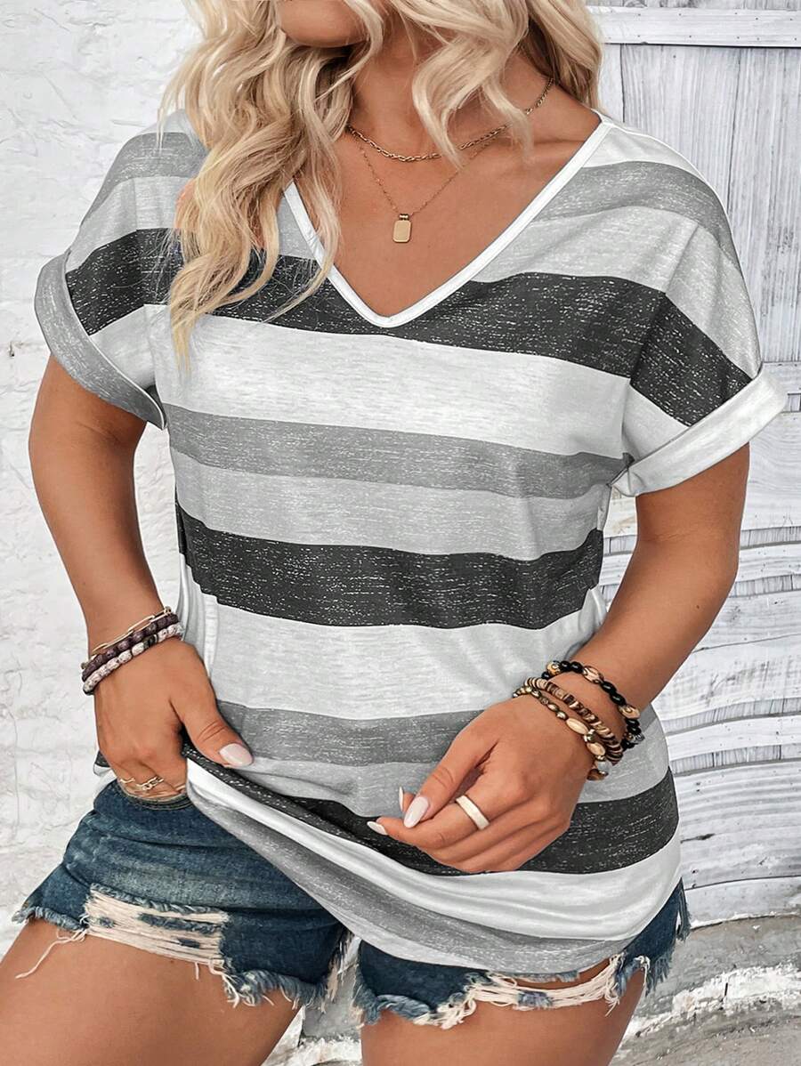 EMERY ROSE V-Neck Casual Striped Plus Size Digital Print T-Shirt Graphic Tees Women Tops, For Summer