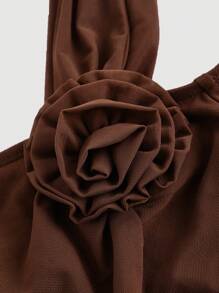 SHEIN MOD Women's Elegant Solid Color Asymmetric Collar 3D Flower Decor Flare Sleeve T-Shirt, Spring Autumn