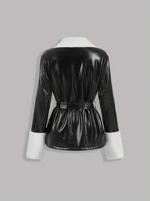 SHEIN MOD 女式蓬松领口系带黑色冬季大衣 - 黑色 - 查看 2