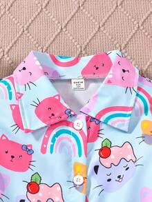 Blusa de manga larga con estampado lindo de gato de arcoíris de fruta para niñas preadolescentes - Rosa - Ver 3