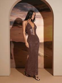 Hauture Sophisticated Lace Bodycon Dress With Halter Neckline And Strappy Cutout Detailing