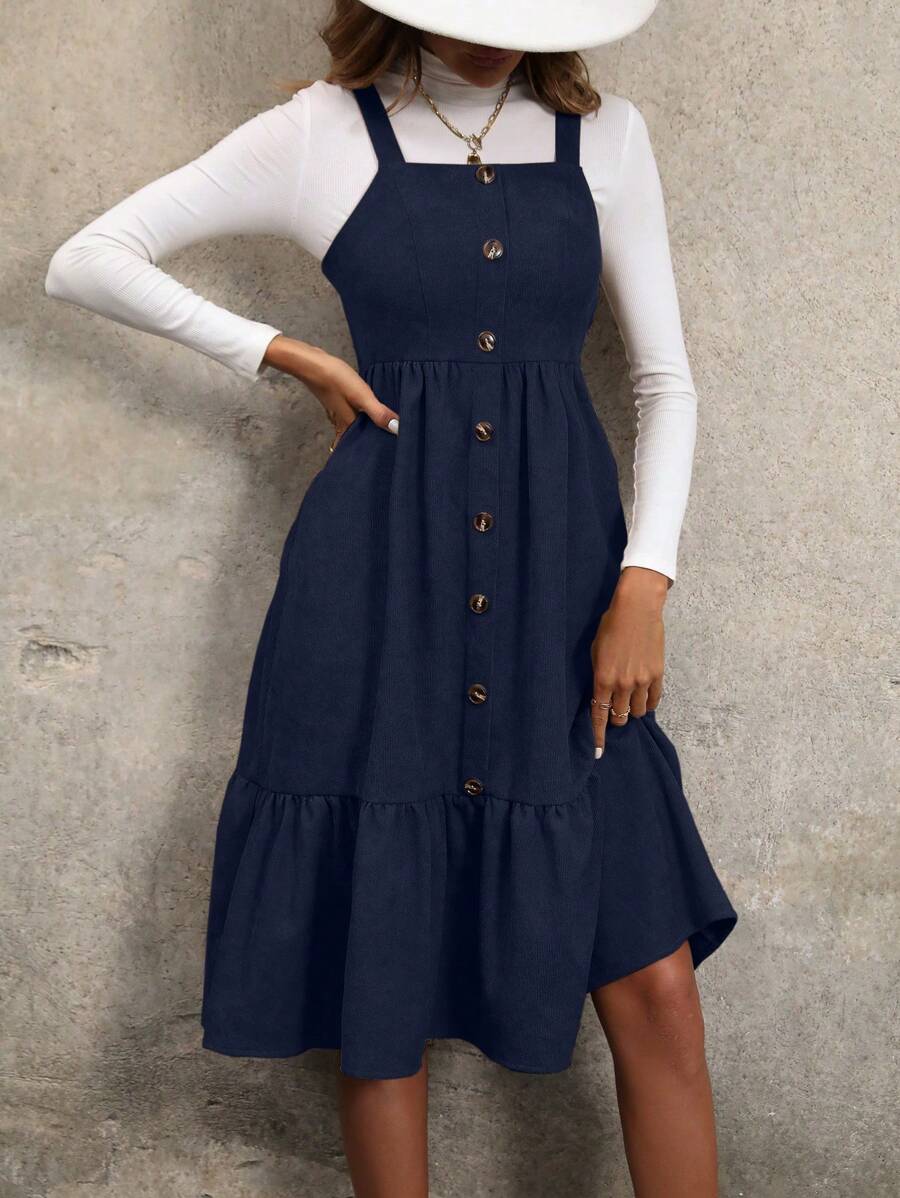 SHEIN Clasi 女式夏季纯色单排扣荷叶边下摆休闲吊带连衣裙长款女装 - 藏蓝色 - 查看 1