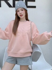 DAZY Áo nỉ dài tay cổ tròn thêu nơ cho nữ thường ngày - Hồng - Xem 3