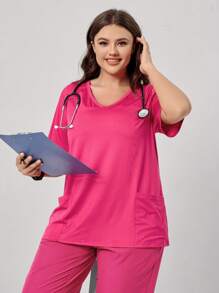 SHEIN TaskFit 加大码弹力针织 V 领双贴袋短袖手术服上衣护理手术服制服上衣 - 玫紅色 - 查看 3