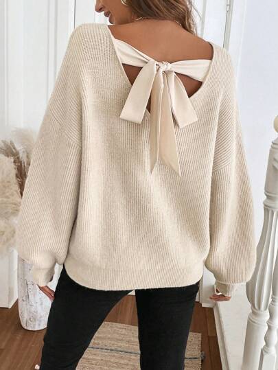 Women's Retro Brown Bow-Knot Crew Neck Long Sleeve Sweater, Autumn/Winter,Long Sleeve Tops