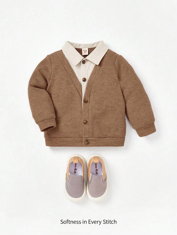 Cozy Pixies Baby Boy Casual Patchwork Shirt Collar 2 In 1 Cardigan