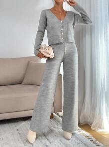 EURMUSE 2pcs/Set Front Button Placket Long Sleeve Pocket Casual Top And Pants Outfit - Grey - View 3
