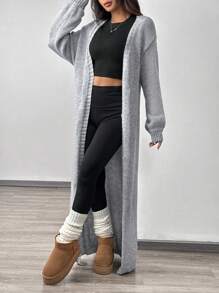 SHEIN EZwear Áo khoác cardigan dài màu xám cho nữ, mùa thu, áo tay dài. - Xám - Xem 3
