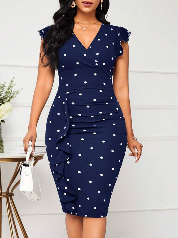 SHEIN Lady Plus Size Polka Dot Print Ruffle Sleeve Fitted Ruched Hem Elegant Dress