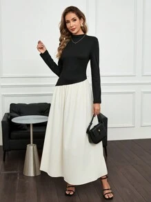 SHEIN Clasi 女士迷你立领拼接长袖荷叶边连衣裙 - 黑與白 - 查看 5