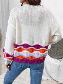 SHEIN LUNE 女士秋冬拼色落肩宽松休闲开衫 - 彩色 - 查看 2