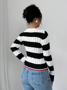 Chiquease Damen Lässig Farbblock Streifen Strickpullover, Frühling/Herbst, Strickpullover Herbst Winter - Schwarz und Weiss - Übersicht 2