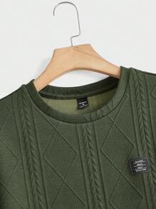 Manfinity BRENVOR 男士春秋休闲补丁细节长袖T恤，夏季 - 軍綠色 - 查看 3