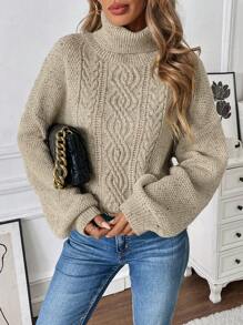 SHEIN LUNE Solid Color High Collar Cable Knit Casual Long Sleeve Sweater, Knit Pullover Fall Winter - Apricot - View 1