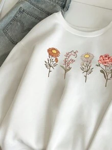 SHEIN Essnce Áo nỉ cổ tròn in họa tiết hoa nhỏ giản dị, rộng rãi, dày, cỡ lớn, mùa thu/đông - trắng - Xem 3