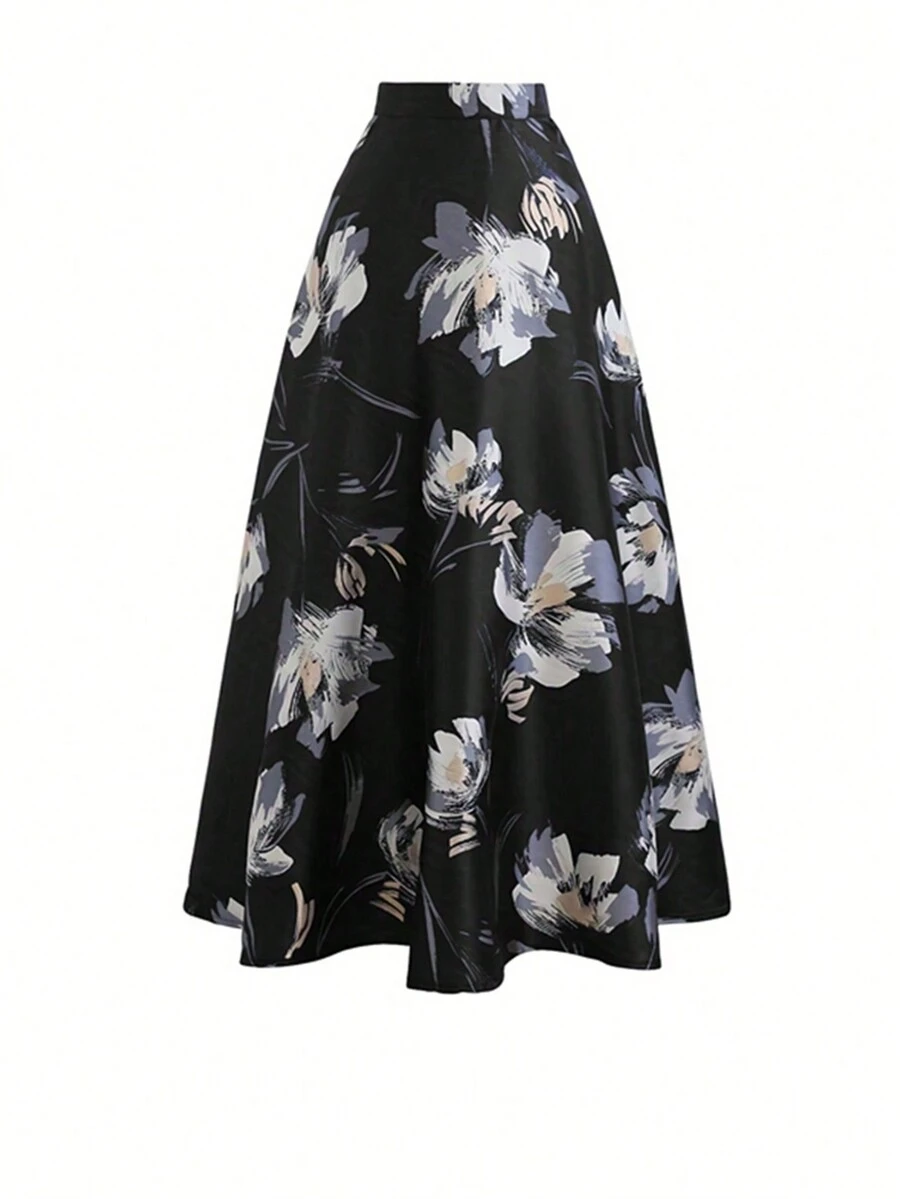 Floral Print High Waist Skirt, Spring/Summer Casual Vacation Black - Black - View 1