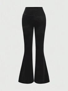 ROMWE Kawaii Women's Colorblock Velvet Pants With Embroidered Bow Decoration, Halloween Theme - Black - View 2