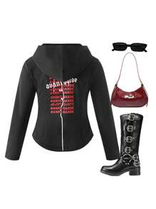 SHEIN Halloween-tröja med huvtryck för tonåringar, moderiktig och bekväm att matcha axelväska, ryggsäck, crossbody-väska, basebollkeps, basker, mössa, ankelstövlar, knäsängor, fritidsskor, Marin Janes, solglasögon, hörlurar - Svart - Visa 1