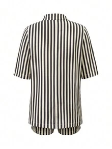 Women's Casual Striped Shirt And Shorts Set, Short Sleeve Top With Shorts, Suitable For Daily Wear, Elegant Ladies Outfit, Summer Holiday Beach Wear - Black - View 5