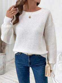 SHEIN LUNE pull élégant pour femmes avec col rond, épaules tombantes et contraste de dentelle, pour l'automne et l'hiver