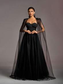 Faeriesty Bride Strapless Women's Wedding Dress With Detachable Tulle Cape, Elegant Lace-Adorned Bodice And Flowing A-Line Skirt. Perfect For Wedding Ceremonies, Bridal Photoshoots, Wedding Receptions, Church Weddings, And Destination Weddings. - Black - View 1