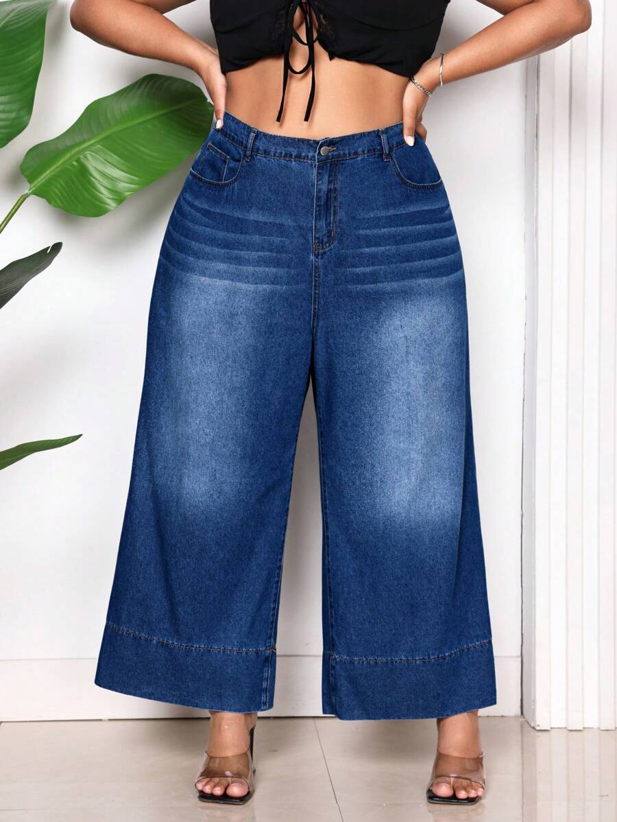 SHEIN CURVE+ Pantalones culotte vaqueros de corte holgado de talla grande, azul