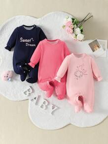3pcs/Set Infant Girls' Minimal Style Moon & Polka Dot Print Pink, Watermelon Pink And Black Long Sleeve Jumpsuit Pajama Set