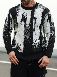 Manfinity LEGND Plus Size Men's Crew Neck Allover Print Long Sleeve Casual Loose Comfortable Fashionable Sweater