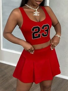 Slaydiva 2 件套女士休闲节日字母印花无袖短款上衣和百褶裙套装