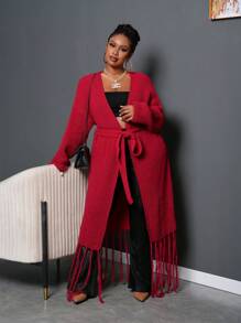 Slaydiva Veste d'hiver pour femmes grande taille, couleur unie, avec nœud papillon et manches à franges, couleur bordeaux - Rouge foncé - Voir 8