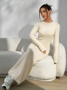 Flirla Váy len dài cổ tròn màu trơn thanh lịch giản dị cho nữ, mùa thu và đông - Màu be - Xem 5